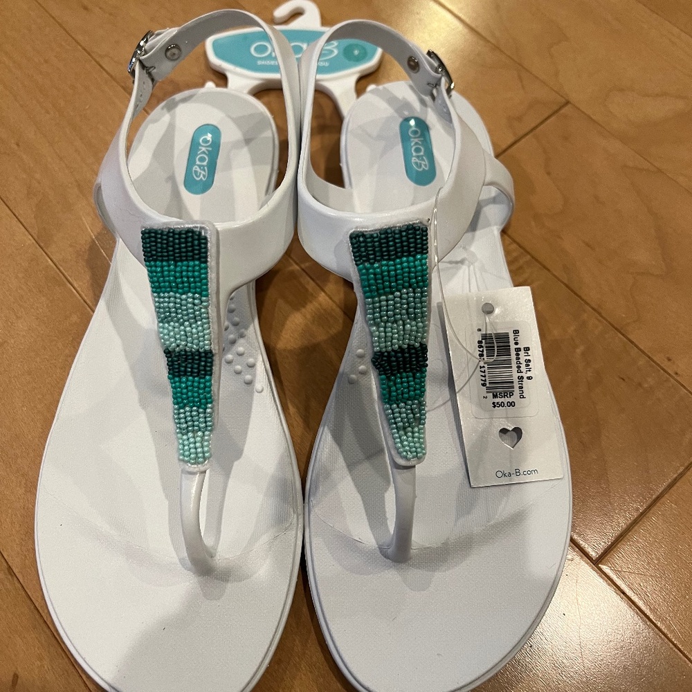 Oka-B Blue Beaded Strand T-strap Flip Flops (NWT)